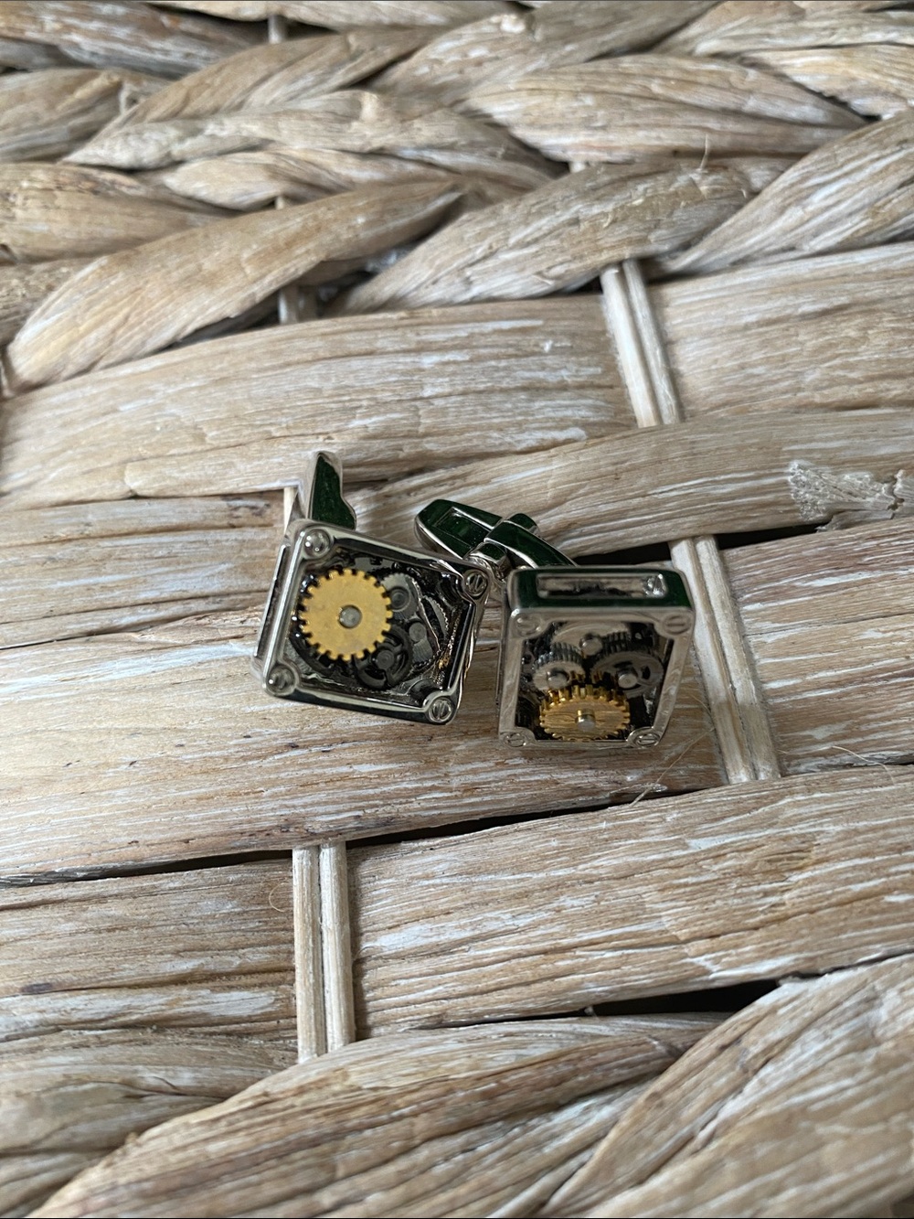 Mechanical Gear Square Cufflinks - Green and Gold